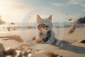 Tabby cat resting on the sandy beach at sunset. Ai-generated.
