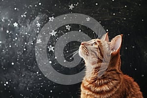 tabby cat sits on the background of a blackboard with stars drawn in chalk