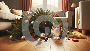 A tabby cat sits innocently beside a toppled Christmas tree surrounded by scattered ornaments on a wooden floor