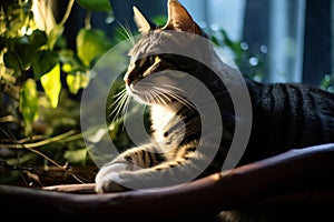 a tabby cat sitting on a branch in front of a window