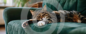Tabby cat sleeping on a green sofa