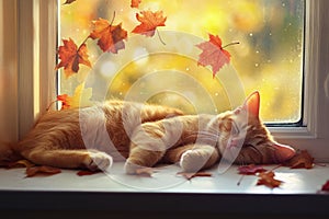 Tabby cat sleeping by window in autumn. Neural network AI generated