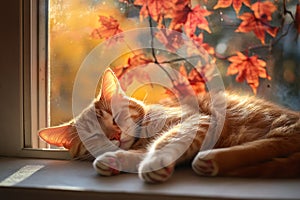 Tabby cat sleeping by window in autumn. Neural network AI generated