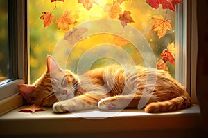 Tabby cat sleeping by window in autumn. Neural network AI generated