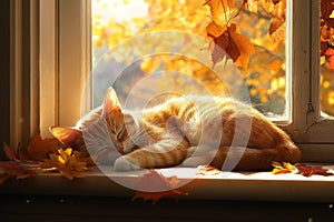 Tabby cat sleeping by window in autumn. Neural network AI generated