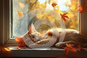 Tabby cat sleeping by window in autumn. Neural network AI generated