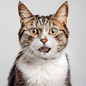 Tabby cat staring intensely looking directly to the camera.