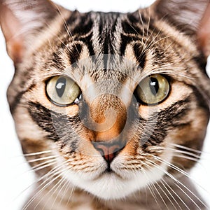 Tabby cat staring intensely looking directly to the camera.