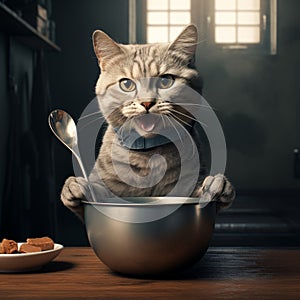 Tabby Cat Wearing a Blue Bib Sitting at the Table Ready for a Meal