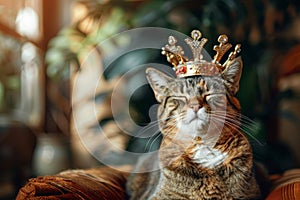 Tabby cat wearing crown like a king