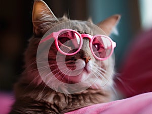 The tabby cat wears pink glasses, adding a playful and fashionable look. The cat looks into the distance, which gives it