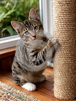 A tabby kitten scratching a post inside a cozy room.