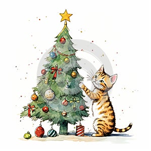 Tabby Orange Cat playing with Christmas Tree Baubles cartoon art