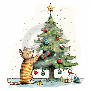 Tabby Orange Cat reaching for baubles on a Christmas Tree Baubles cartoon art