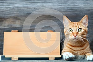 Tabby red kitten with blank sign mockup, adorable pet portrait for copy space and text overlay