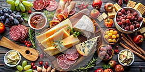 Tabla de quesos y jamones con variedad de frutas Generative AI photo