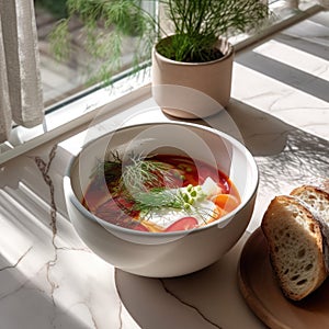 The table is adorned with a bowl of customary Ukrainian borscht, signifying the rich culinary heritage of Ukraine. Generative AI