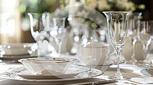 A table adorned with fine china intricate silverware and crystal stemware photo