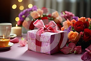 A table adorned with gifts, featuring flowers and sweets, creating a thoughtful and loving display for your loved ones