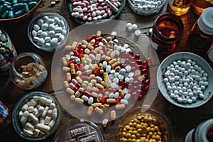 A table adorned with numerous varieties of pills scattered across its surface, A table filled with various types of opioids, AI
