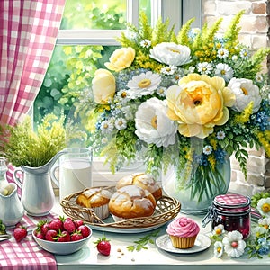 table adorned with a vase of exquisite spring flowers and muffins