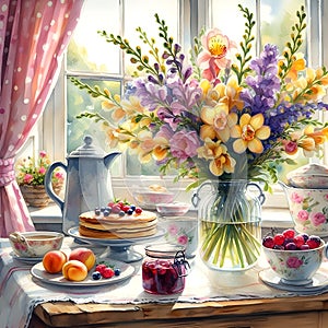 table adorned with a vase of exquisite spring flowers and a plate of pancakes.