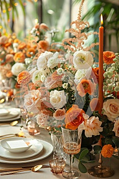 A table adorned with a vase filled with flowers and flickering candles