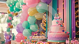 A table adorned with a vibrant cake and an abundance of balloons for a festive occasion, A vibrant birthday party with beautifully