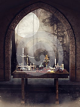 Table with alchemist`s tools by a gothic window