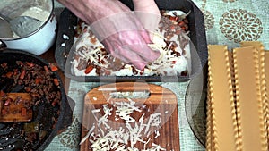 on the table are all the ingredients for cooking Italian lasagna. the second layer of parmesan cheese is sprinkled on