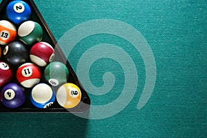 Billiard balls in triangle rack on table