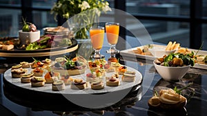 A table of assorted gourmet hors d\'oeuvres set in a boardroom, ready for an executive networking event
