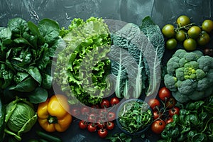 Table of assorted green veggies broccoli, leafy greens, broccoflower photo