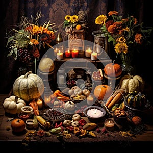 a table with assorted items and candles, and flowers pupmkins photo