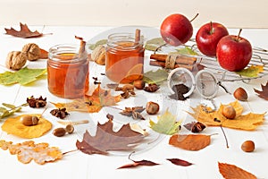 Table with autumn decoration, white background