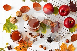 Table with autumn decoration, white background