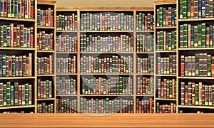 Table on background of bookshelf full of books .