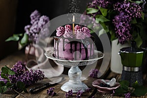 On the table is a beautiful chocolate cake and a bouquet of lilacs. dark