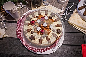 Table with beautiful and delicious christmas holiday cake at XMAS Dinner Buffet