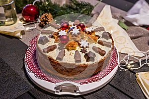 Table with beautiful and delicious christmas holiday cake at XMAS Dinner Buffet