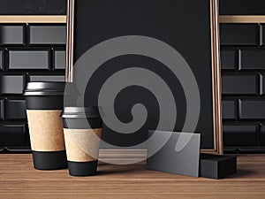 Table with black elements and poster. 3d rendering