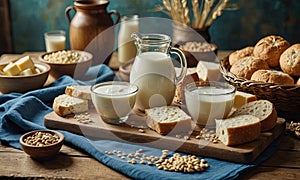 A table with a blue cloth on it has a jug of milk, a glass of milk, and a glass of water on it.