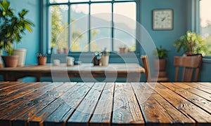 A table with a blue table cloth is in the foreground of the image, with a clock on the wall behind it. The table is surr