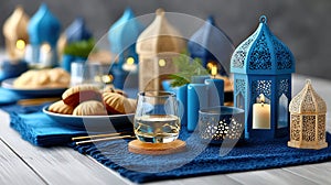 A table with a blue tablecloth and a blue and white table runner. Generative AI