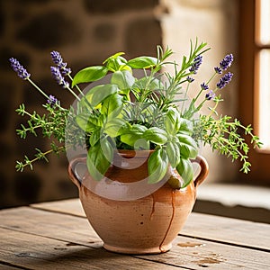 Table with a blurred stone wall and a window in the background