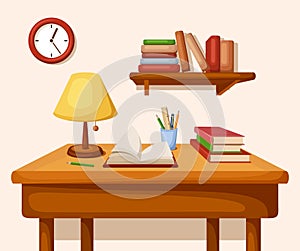 Table with books and lamp on it, shelf and clock. Vector interior.