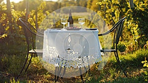 A table with a bottle of wine and tails stands against the background of a vineyard. Place for romantic dates and wine