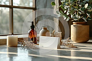 Table with bottles and candles by window