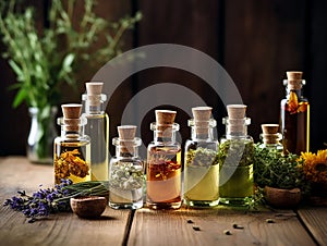 on the table bottles with essential oil and herbs