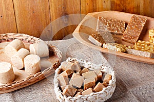 Table with Brazilian sweets and traditional country festival desserts